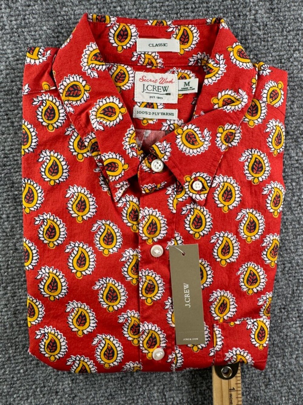 NWT J. Crew Men Red Yellow Paisley Long Sleeve Button Up Shirt Medium Classic